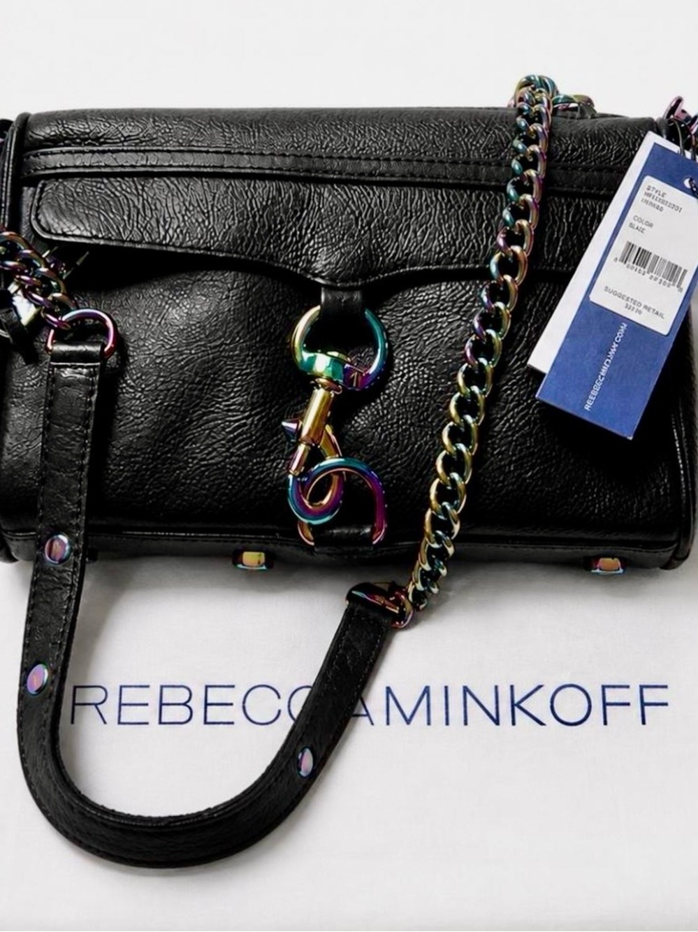 NWT Rebecca Minkoff Black Leather Crossbody w/ rare Iridescent Hardware Accents